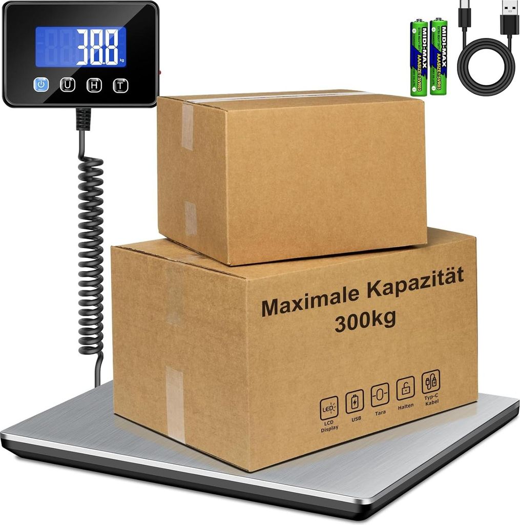 Paketwaage bis 300 kg - Präzise Plattformwaage für Pakete, Gepäck und Lagergebrauch, LCD mit Hold- und Tara-Funktion