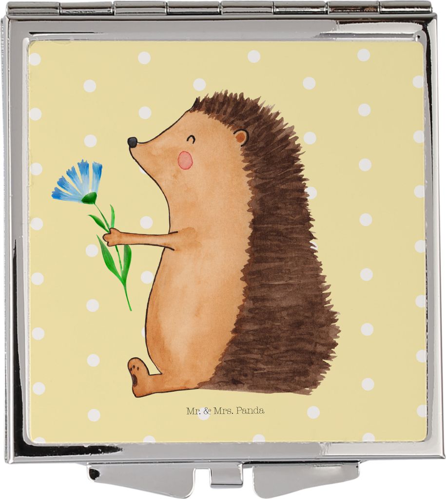 Mr. & Mrs. Panda Handspiegel Igel Blumen - Gelb Pastell - Geschenk, Gute Besserung, Besuch, Reisespiegel, Klappbarer Spiegel, Schminkspiegel, Krank...