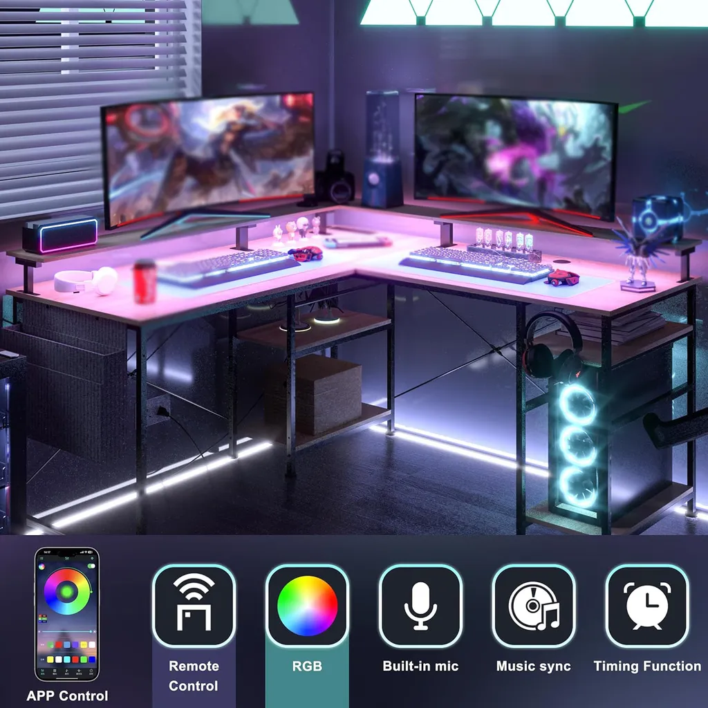 Bureau Gaming en L avec Support Écran et Prises Électriques Intégrées - 5