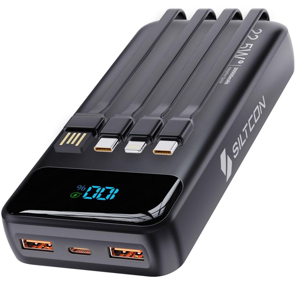 Siltcon® Powerbank 30000 mAh mit 4 integrierten Kabeln und Produktbild 