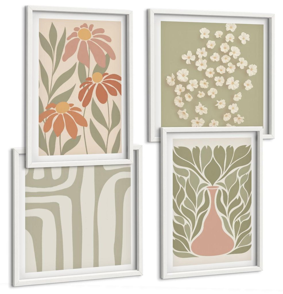 Bilder Set 4-teilig im weißen Rahmen – Wandbilder 4 Stück – gerahmte Poster für Wohnzimmer, Schlafzimmer und Flur – 50x50 cm - 40x60 cm ...