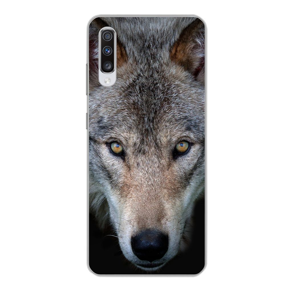MuchoWow Handyhülle Schutzhülle Hülle für Samsung Galaxy A70 Wolf - Porträt - Schwarz Silikon Softcase Handy Hülle - Schutzhaube