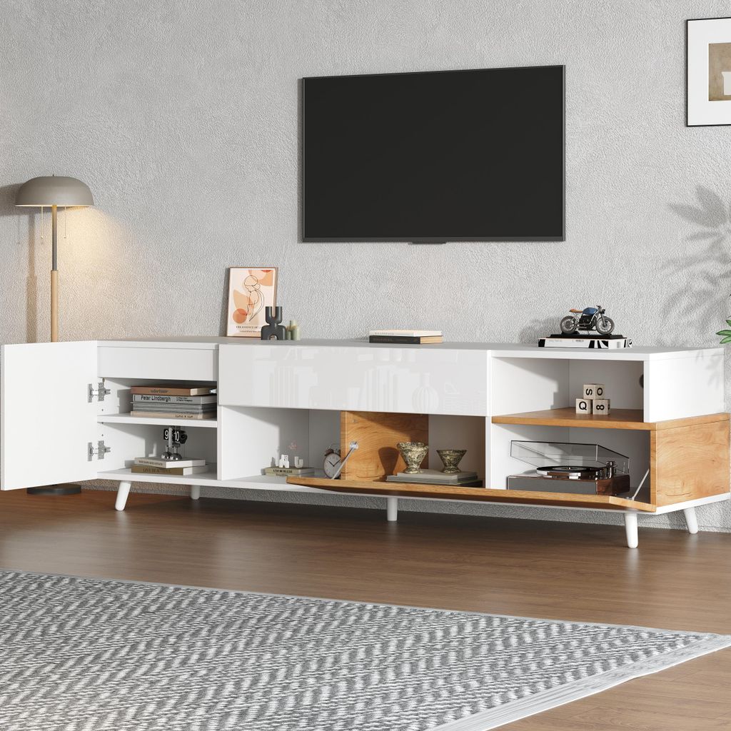 STILVORA TV-Schrank mit Klapptüren,Fernsehschrank mit Schublade und 7 Ablagefächern,TV-Lowboard mit Hochglanz für Fernseher um die 75 Zoll,weiß