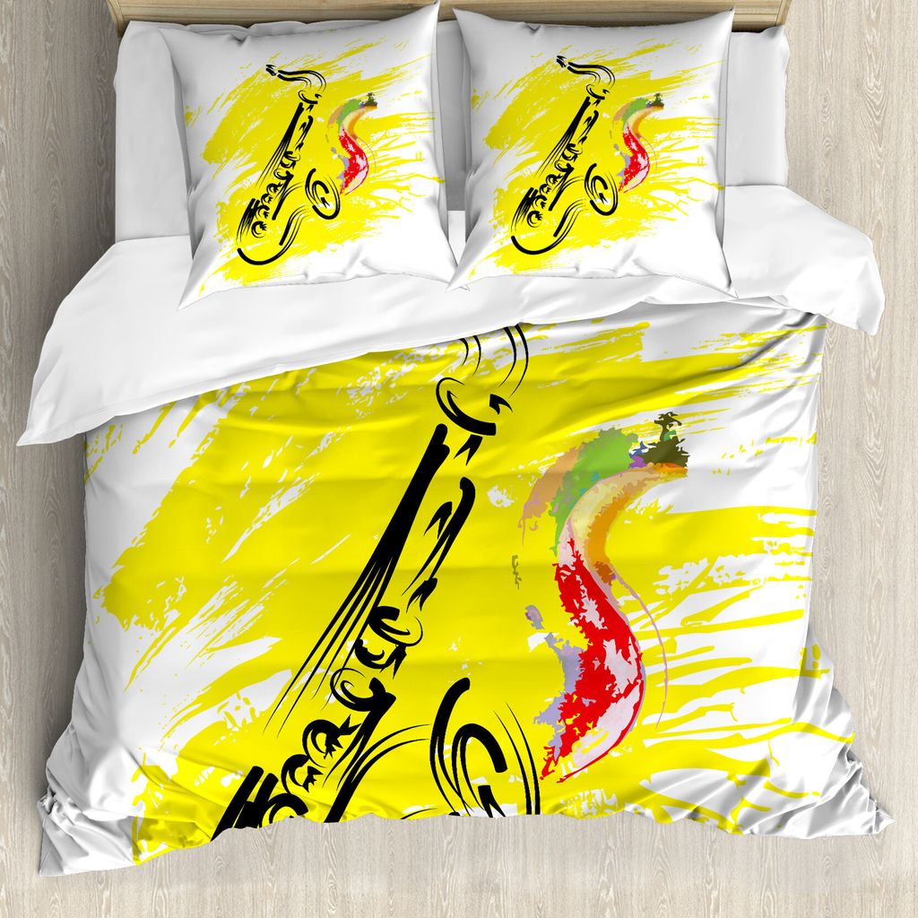 ABAKUHAUS Jazz Musik Bettbezug, Jazz-Saxophon, Milbensicher Allergiker geeignet mit Kissenbezügen, 200 cm x 200 cm - 80 x 80 cm, Gelb Schwarz