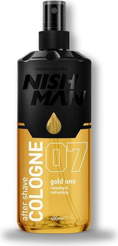 A bottle of Nishman 07 Gold One Aftershave.