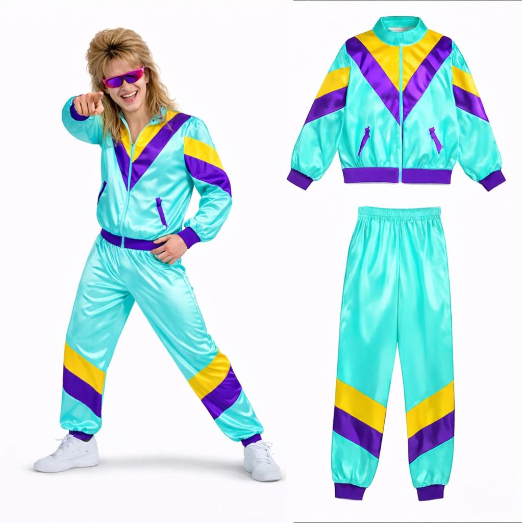 Trainingsanzug Overall Jogginganzug - 80er 90er Jahre Outfit Retro Bad Taste - Herren & Damen für Fasching & Karneval (Blau, M/L)