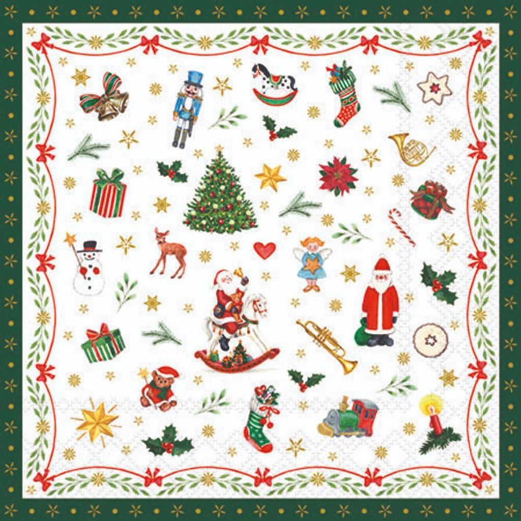 20 kleine Cocktailservietten Ornaments all over green - Kleine Weihnachtssymbole grün 25x25cm