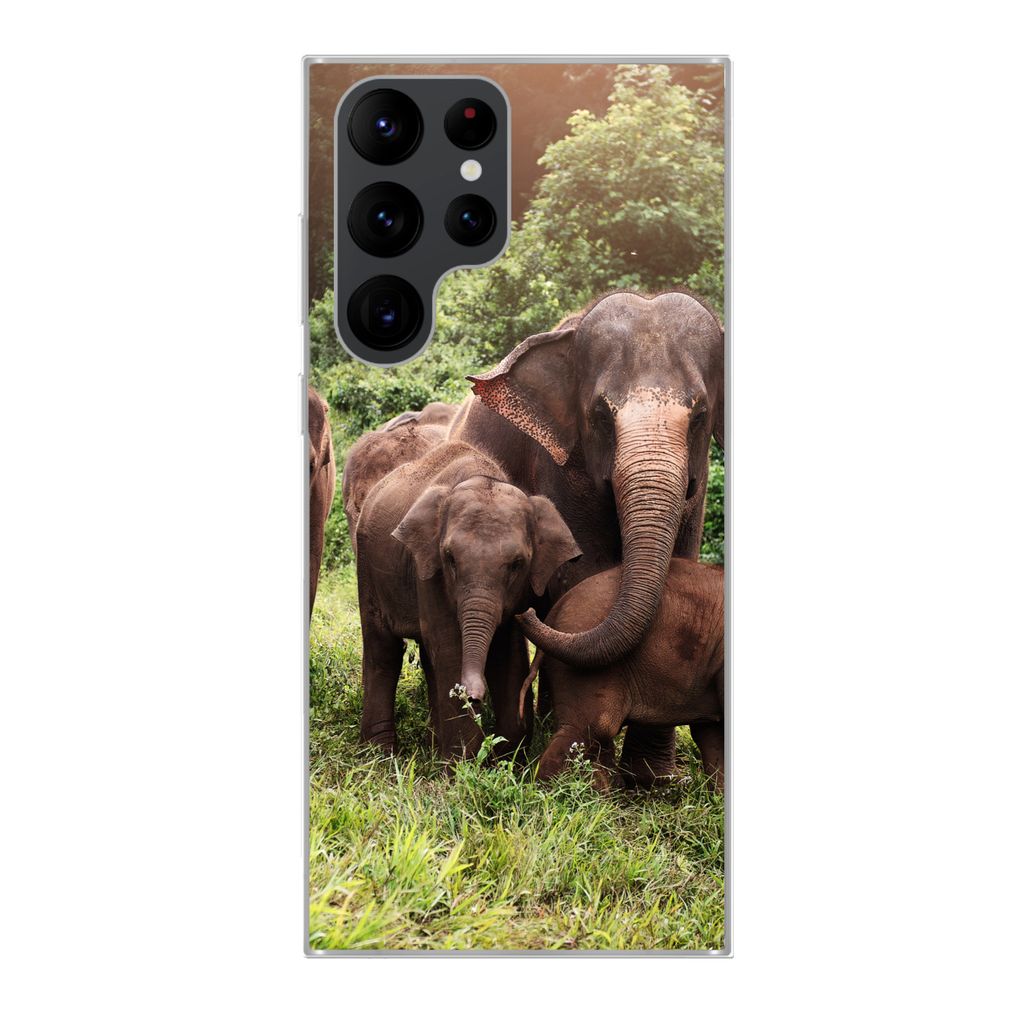 MuchoWow Handyhülle Schutzhülle Hülle für Samsung Galaxy S22 Ultra Elefant - Tiere - Wald - Gras - Grün Silikon Softcase Handy Hülle - Abbi...