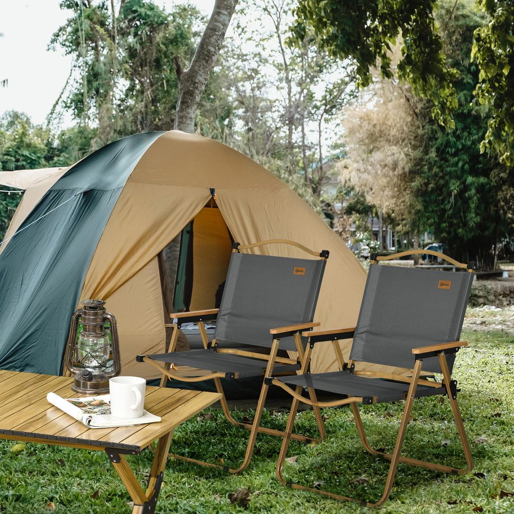 Campingstühle 2er Set klappbar bis 130 kg, Faltstuhl Strandstuhl, Oxfordstoff Stahlrahmen Holzoptik, Dunkelgrau | 54x59x78 cm | 2x 2,7 kg | Trageg...
