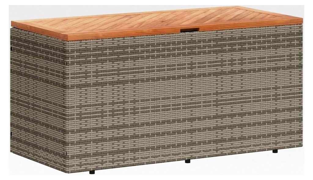 Gartentruhe Grau 110x50x54 cm aus Poly Rattan und Akazienholz, Kissenbox für Terrasse, Balkon und Garten