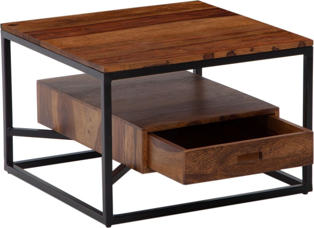 Couchtisch 60x60x40cm Sheesham Massivholz Metall mit ausziehbarer Schublade in Gesamtansicht von vorne.