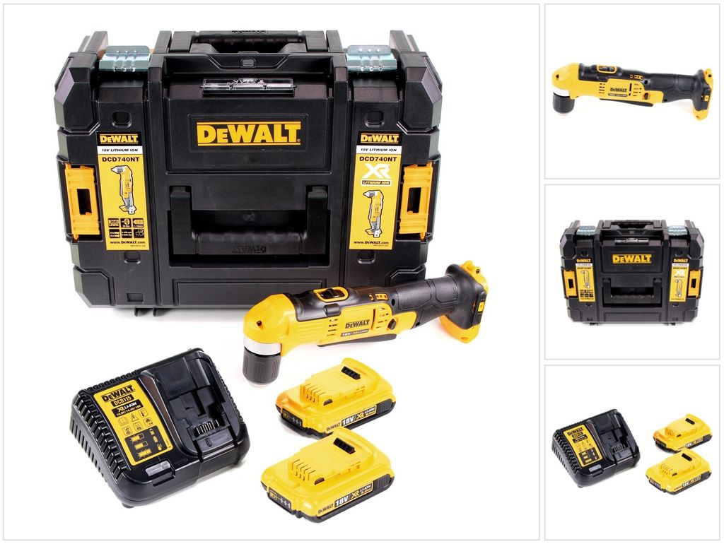 Dewalt DCD 740 D2 Akku Winkelbohrmaschine 18V 33Nm + 2x Akku 2,0Ah + Schnellladegerät + TSTAK