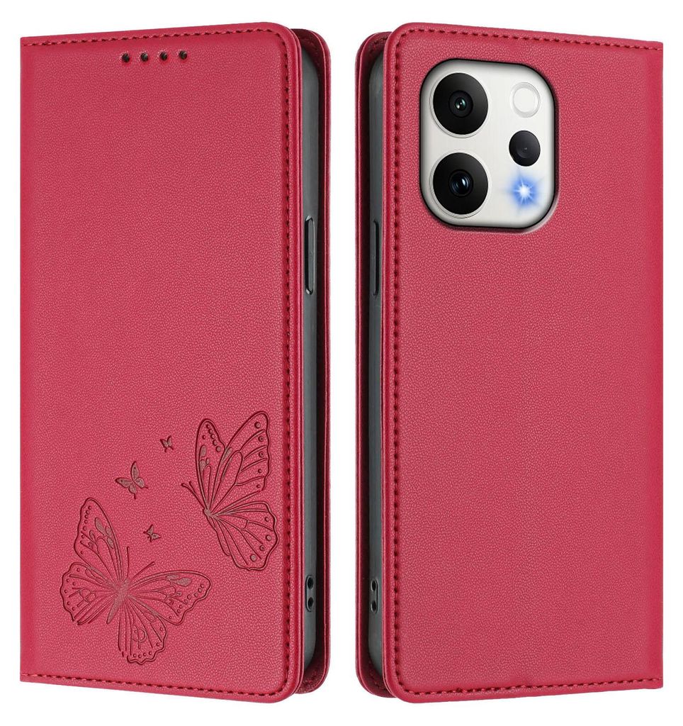 Lederhülle für Vivo V70 5G, Schmetterling Prägung Leder Brieftasche Schutzhülle mit Ständer Rot