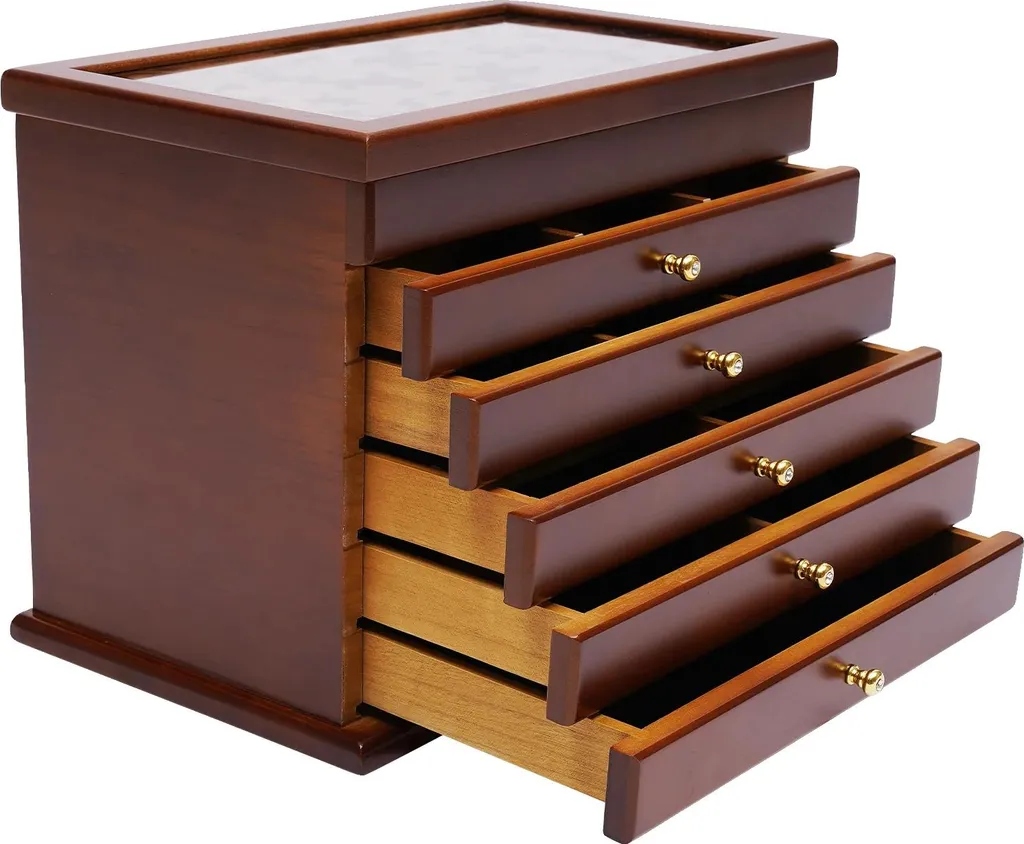Grand coffret à bijoux en bois massif 6 tiroirs rangement vertical