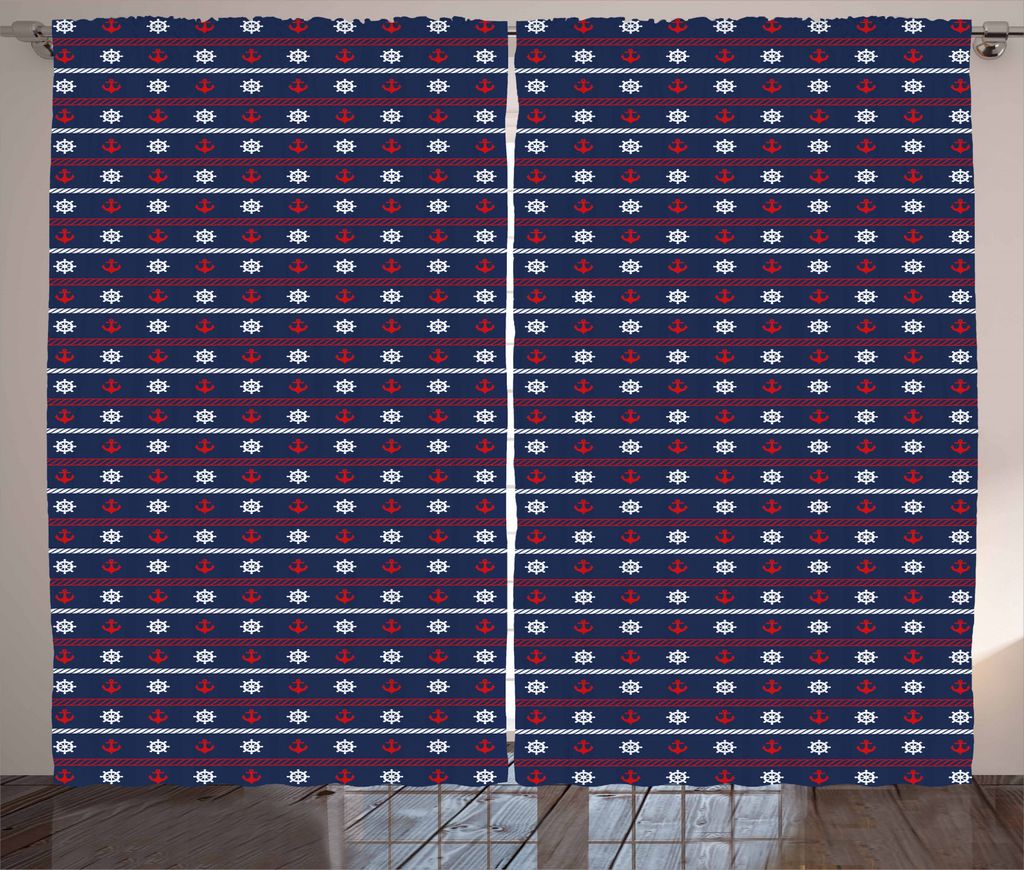 ABAKUHAUS Navy blau Rustikaler Gardine, Nautical Borders, Schlafzimmer Kräuselband Vorhang mit Schlaufen und Haken, 280 x 245 cm, Dunkelblau Weiß...