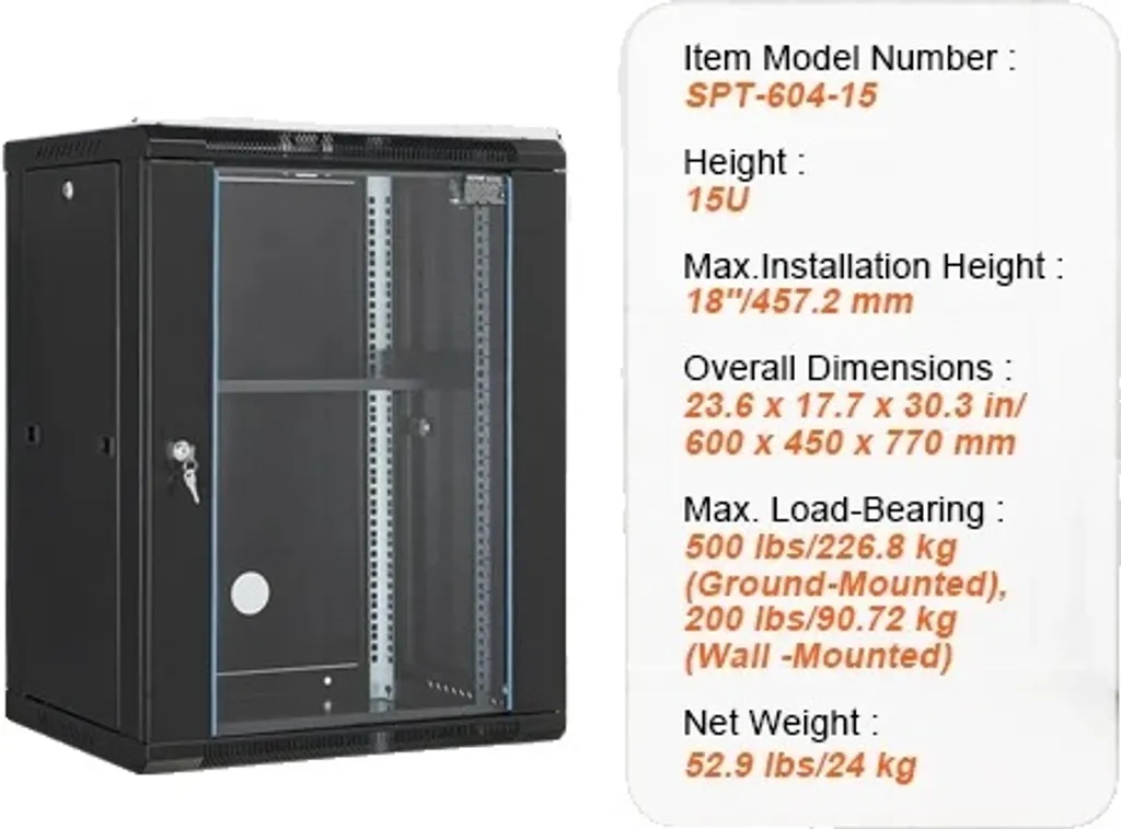 Armoire réseau murale 15U pour serveurs lourds, acier Q235 durable
