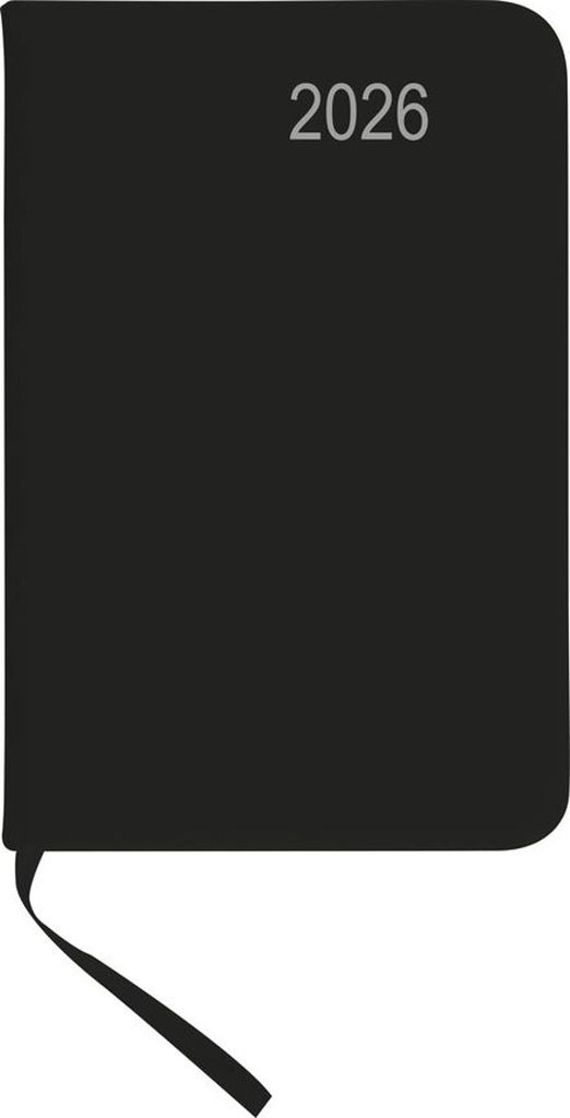 A black diary with the year 2026 printed on it, lying flat on a white background with a ribbon bookmark.