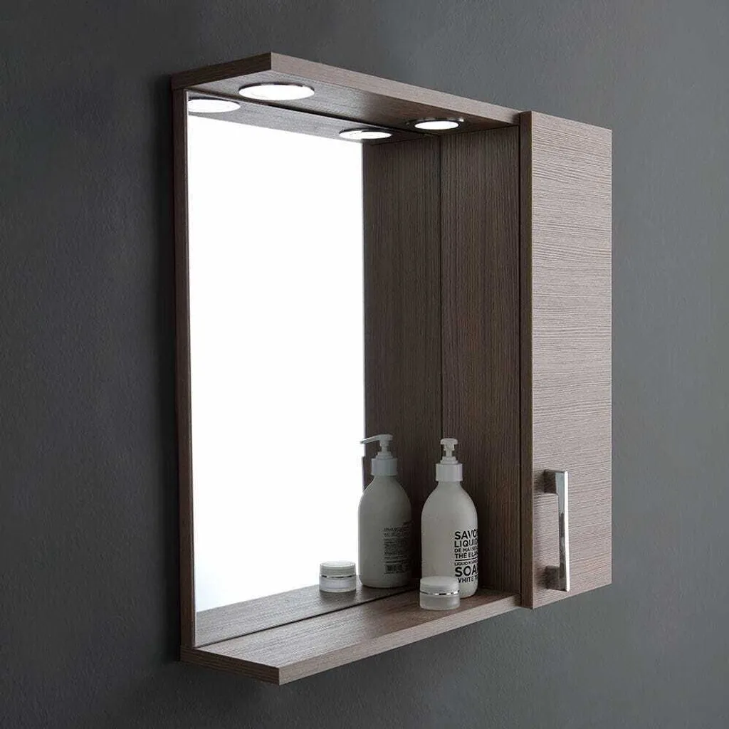 Specchiera Bagno LED Rovere Chiaro con Vano Contenitore Laterale