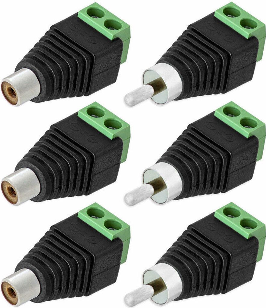 3X Cinch Buchse + 3X Cinch Stecker RCA > Terminal Block 2 Pin Adapter Schraub Klemmen