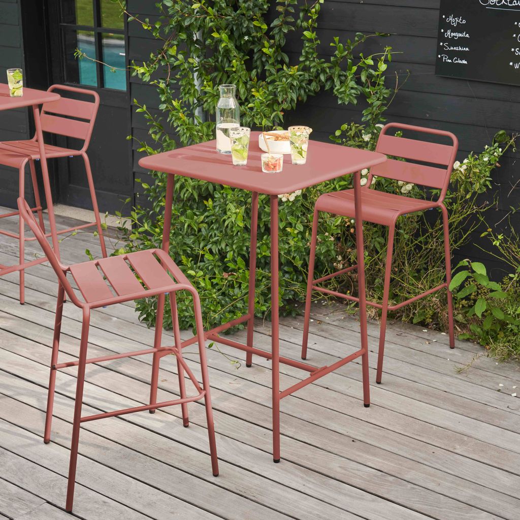 Bartisch in 70 x 70 x 105 cm und 2 Hochstühle aus Stahl Rosa - Oviala Palavas