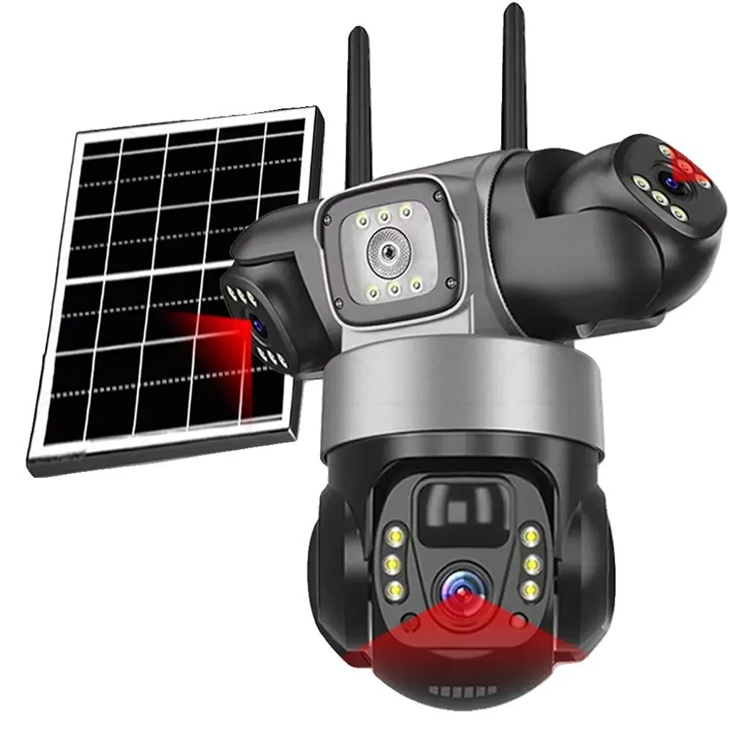 Caméra solaire 4G anti-angle mort à 3 objectifs et stockage 128 Go