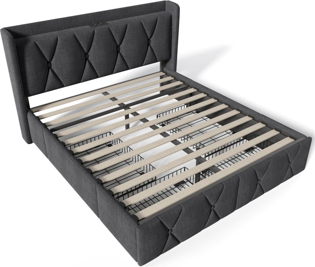 Polsterbett 140x200cm Doppelbett (Ohne Matratze) Grau Leinen Stauraumbett Mit USB Ladefunktion und 4 Schubladen Lattenrost aus Holz