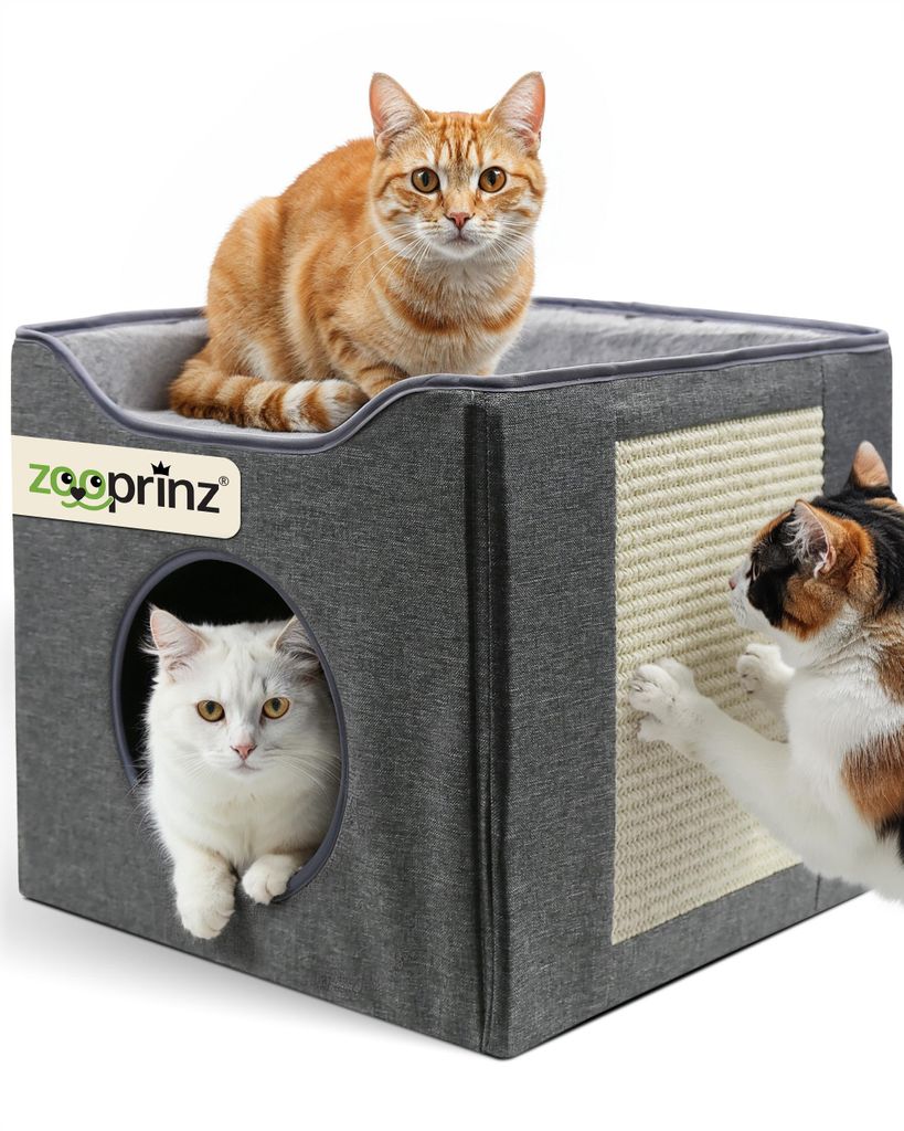 Katzenhöhle Katzenhaus Katzenbett zooprinz Minka | Plüsch & Sisal | Faltbar | Wendekissen | Anti-Rutsch-Boden | Leinenstoff | 3 mm MDF
