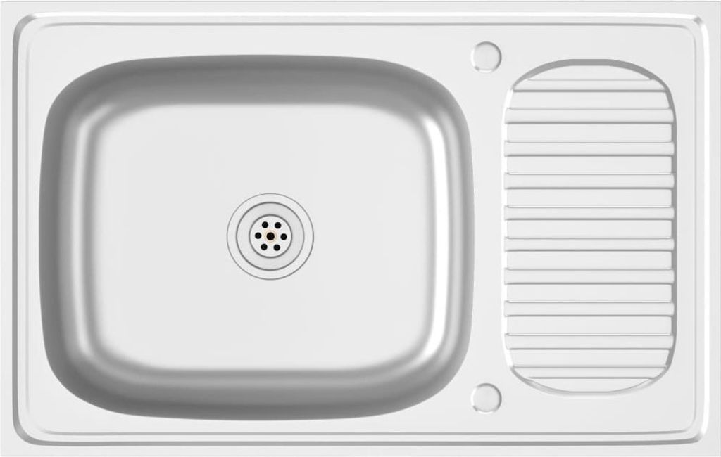 A top-down view of a stainless steel sink with a drain and a ribbed drying area.