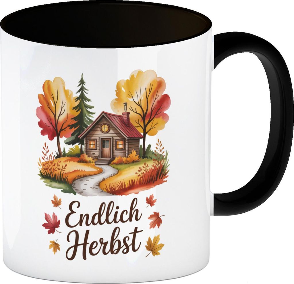 Aquarell Hütte im Herbst Kaffeebecher in schwarz - Endlich Herbst