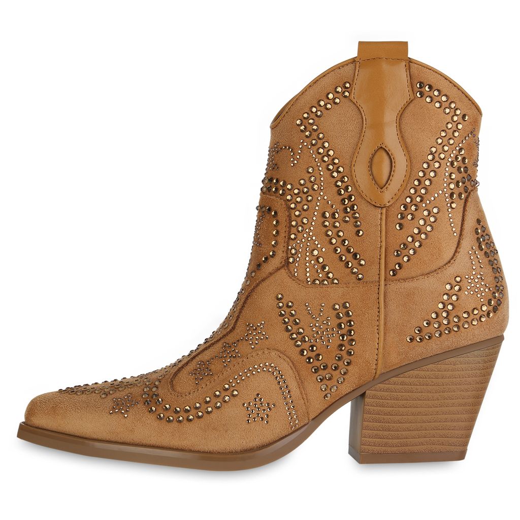 VAN HILL Damen Cowboy Boots Stiefelette Spitz Strass Schuhe Produktbild 