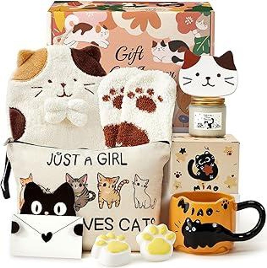 Katze Geschenk Mädchen Frauen Geschenk für Katzenliebhaber mit Tasse Katze Untersetzer Kosmetiktasche Duftkerze Schlüsselanhänger Lustige Tasse...