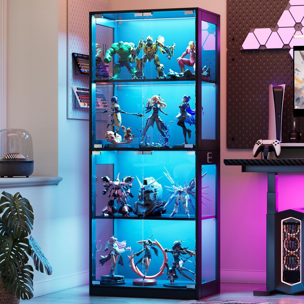 A display cabinet filled with action figures and collectibles, illuminated by blue LED lights, set in a modern room with a gaming setup.