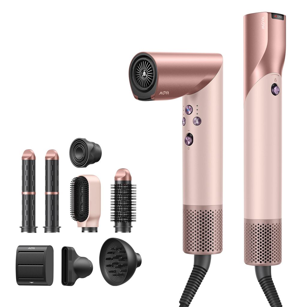 A hair dryer and its attachments are displayed against a white background.