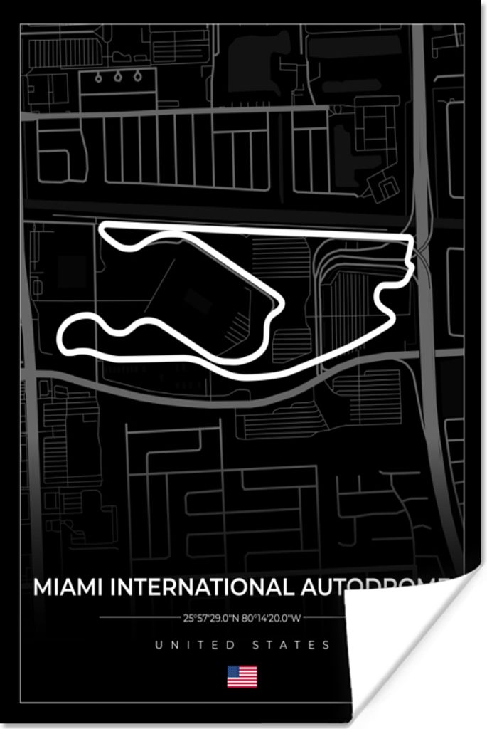 MuchoWow Poster Rennstrecke - Vereinigte Staaten - Formel 1 - Miami International Autodrome - Rennstrecke - Schwarz 80x120 cm - Papierdruck