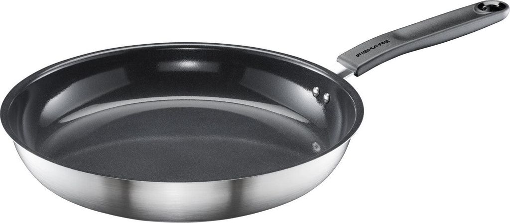 A Fiskars frying pan is shown against a white background.