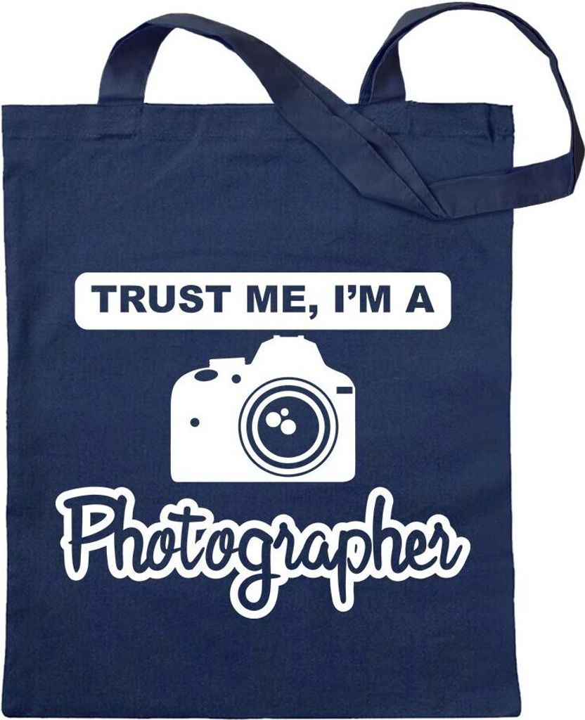 Kiwistar - Baumwolltasche - dunkelblau - Trust me, im a Photographer - Tragetasche Stoffbeutel Umhängetasche Langer Henkel