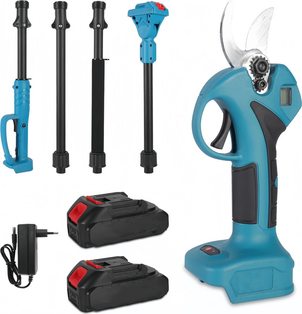 Akku Astschere Elektrische Gartenschere, Gartenschere mit Pol,2-in-1 Electric-Lpper Teleskop,0-30mm Schnittdurchmesser,mit 2 Batterie,Digitalanzeige