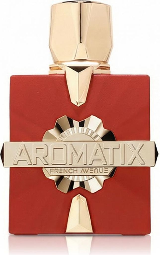 A product shot of a red and gold perfume bottle.