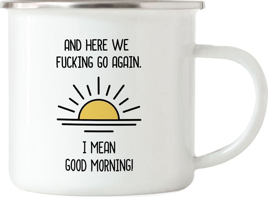 Guten Morgen Emaille Tasse Spruch Sonnenaufgang Arbeit Büro Produktbild 