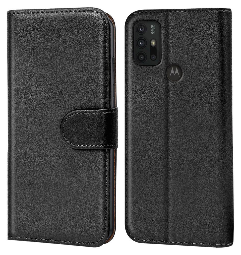 A black flip case for a smartphone, shown from the front and back.