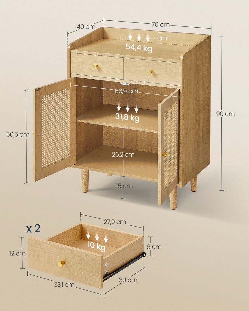 VASAGLE Sideboard Im Boho-Stil - Stylischer Aufbewahrungsschrank Mit Rattan-Optik
