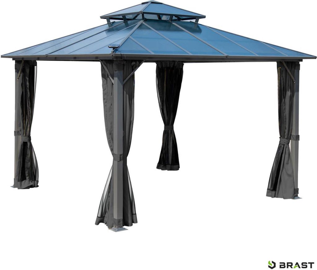 A dark gray gazebo with a blue roof and black mesh curtains, shown from a front-facing angle against a white background.