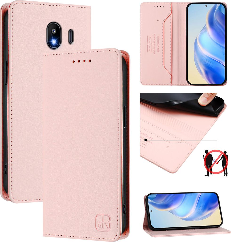 Lederhülle für Samsung Galaxy J4 2018 Hülle Flip Brieftasche Kartenfächern Ständer Schutzhülle Pink