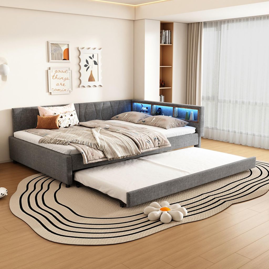 MODFU Schlafsofas 140×200 Tagesbett mit Lattenrost und Ablagefach,ausziehbarem Bett mit USB+Typ C,LED-Umgebungslicht, ohne Matratze,Grau