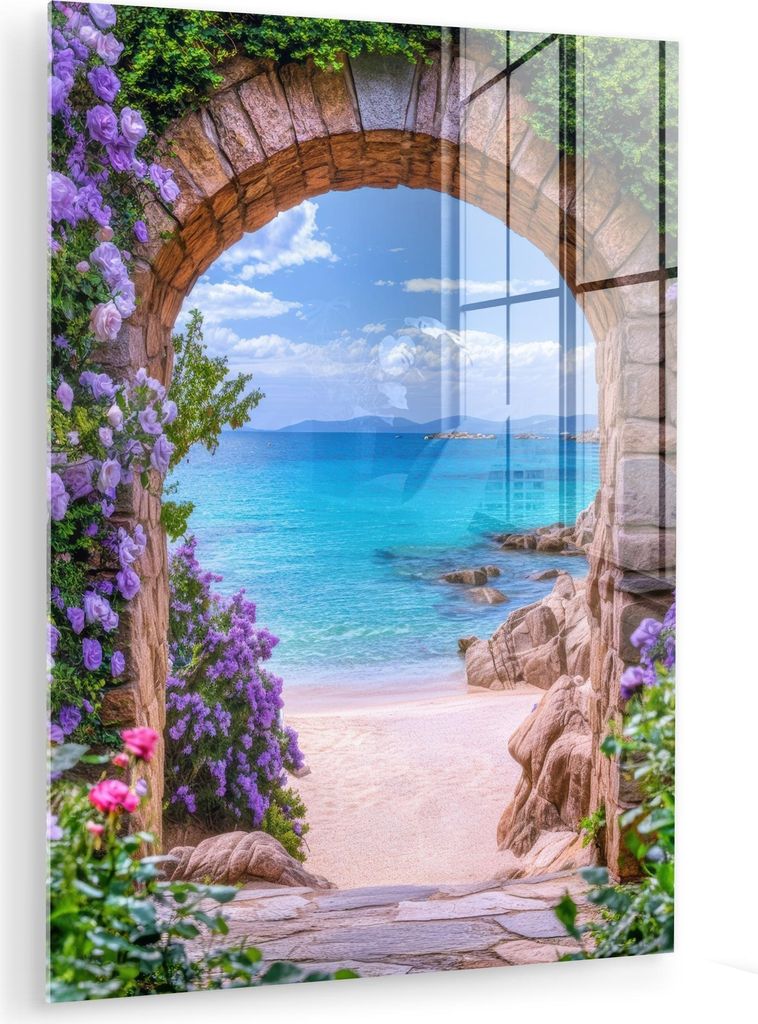 MuchoWow Glasbilder - Bilder auf Wandbild - Foto auf Glas Aussicht - Tor - Meer - Strand - Felsen 60x80 cm Wanddekoration aus Glas - Acrylglasbild ...