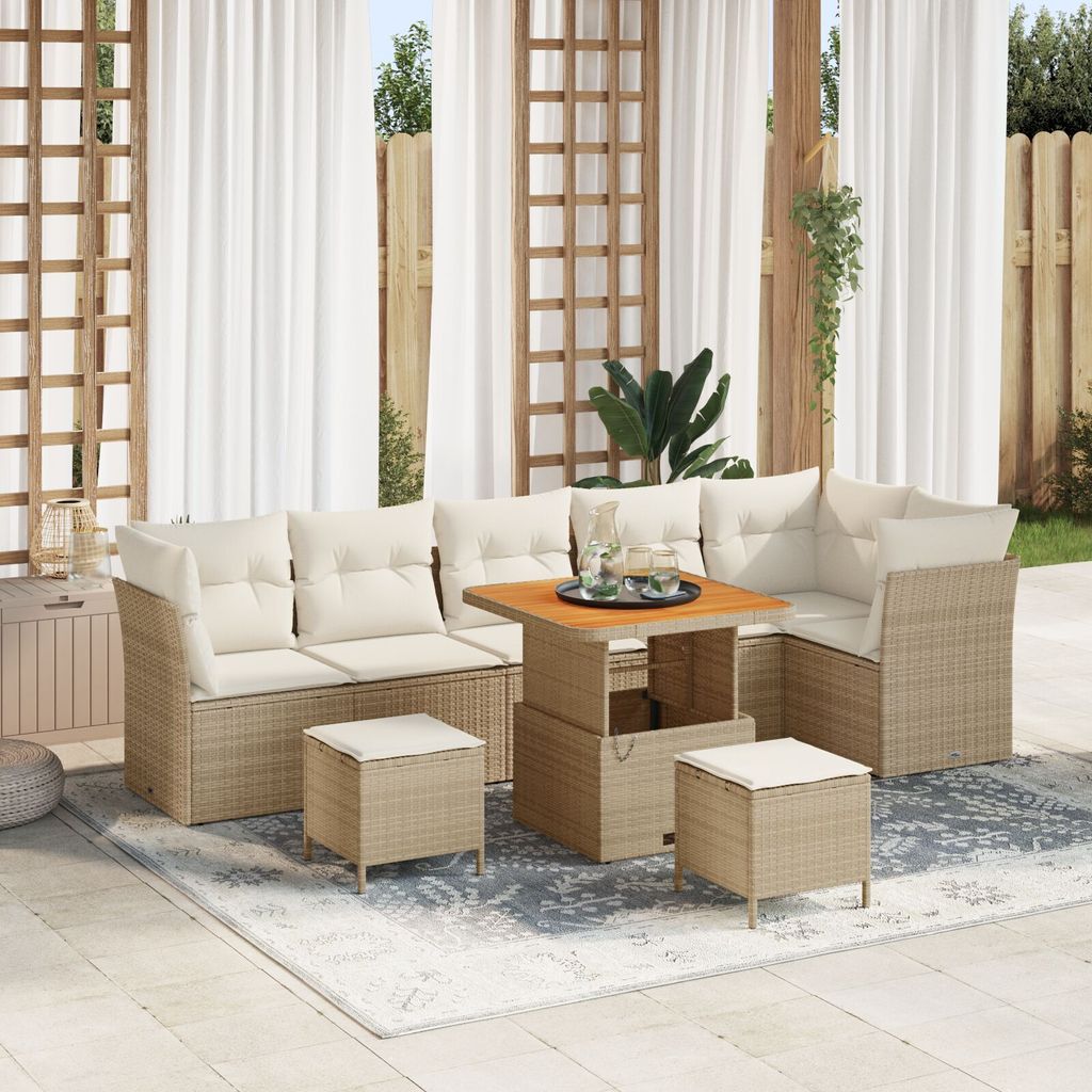 "2025"Cloris 9-teiliges Garten Sofa Set mit Kissen Beige Poly Rattan Akazie, 3-teiliges Garten Esszimmer Set mit Kissen Beige Poly Rattan Akazie - ...