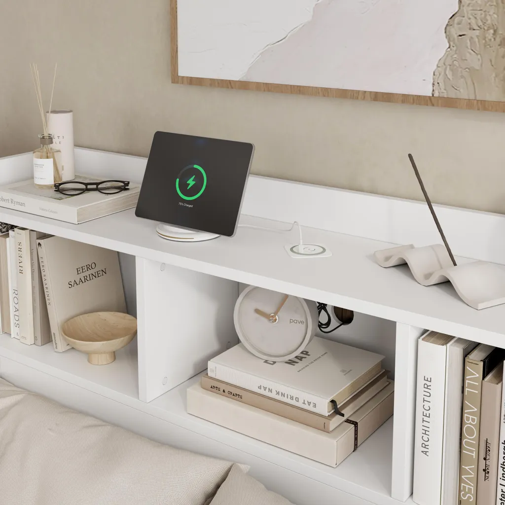 Lit avec rangement 140x200 cm et ports de charge USB blancs - 5