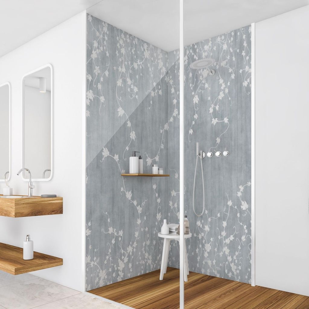 Duschrückwand mit Motiv selbstklebend - 0.61 mm Wandpaneel wasserfest Pflanzen grau Vintage Badrückwand fugenlos Premium matt 90x210 cm