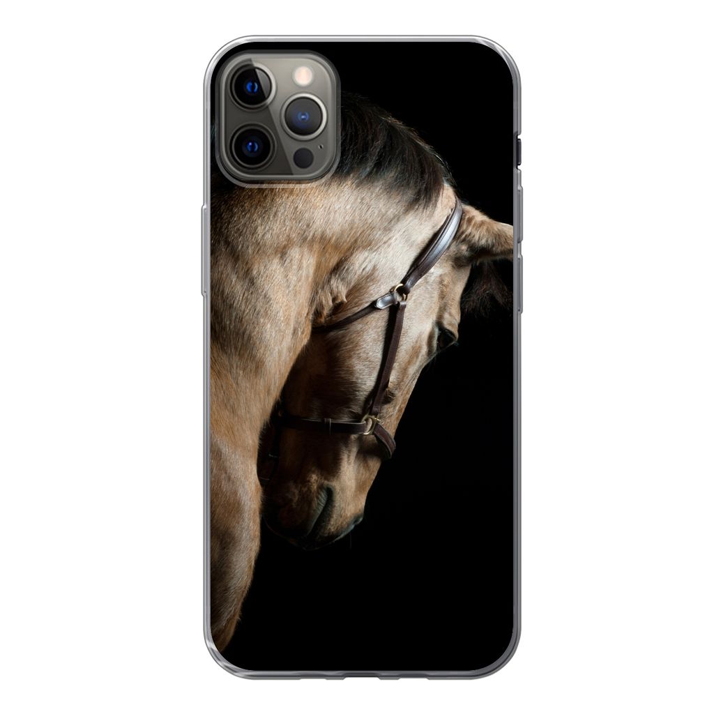 MuchoWow Handyhülle Schutzhülle Hülle für iPhone 12 Pro Max Pferde - Halfter - Schwarz Silikon Softcase Handy Hülle - Hartschale