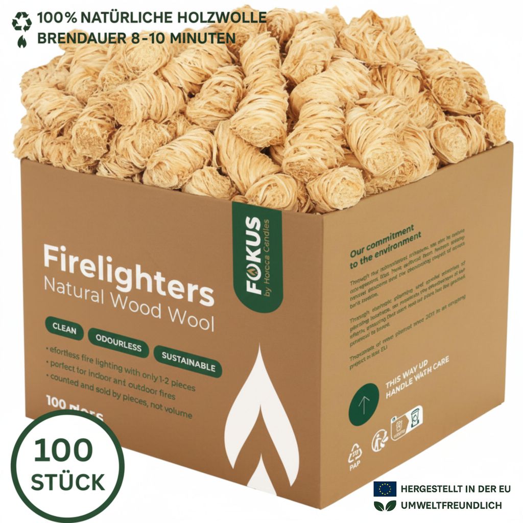 A cardboard box filled with natural wood wool firelighters.